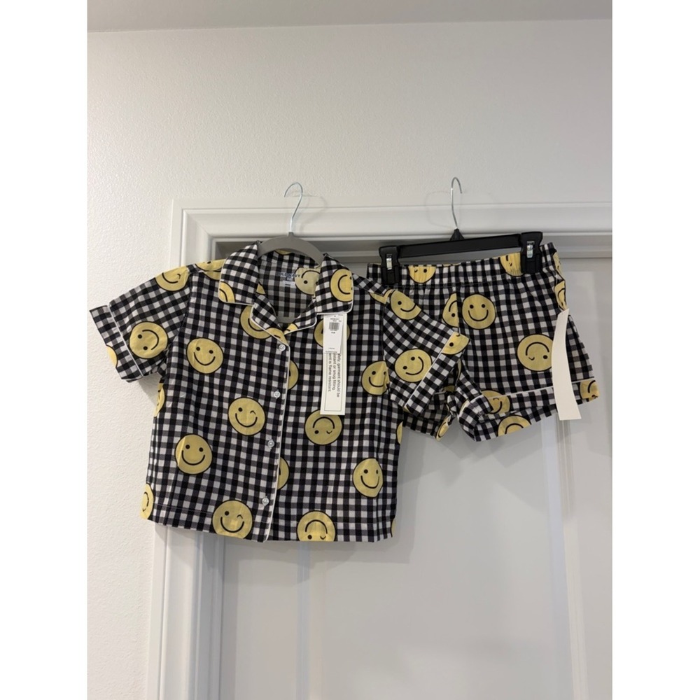 Old Navy Girls Pajama Set Size 8 M Black White Checkered Smiley Face 2pc NWT